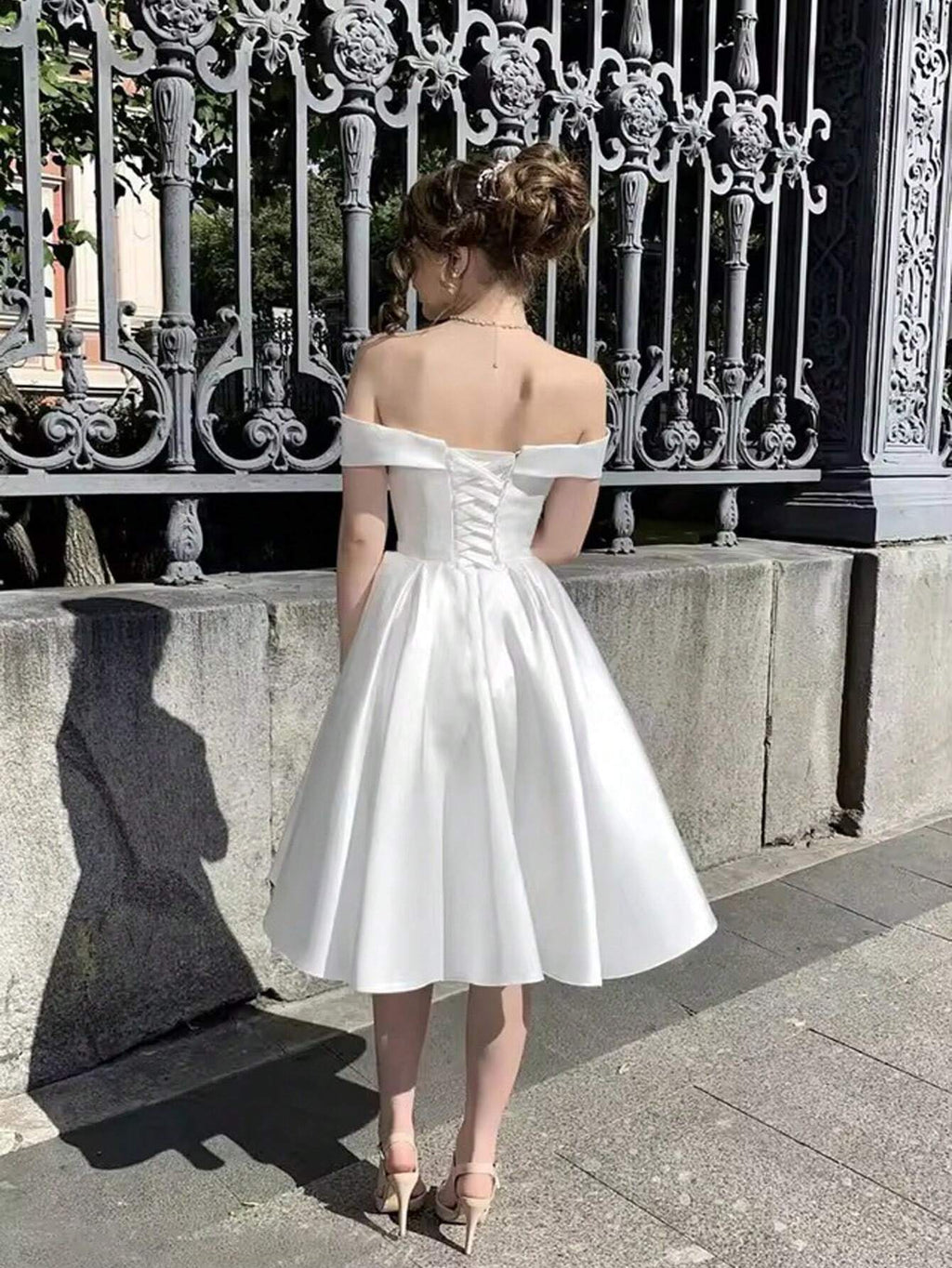 Short Off-Shoulder Bridal Wedding Dress, Tie-Back Minimalist Satin Elegant Ball Gown, Bridal Shower Dress - image 4