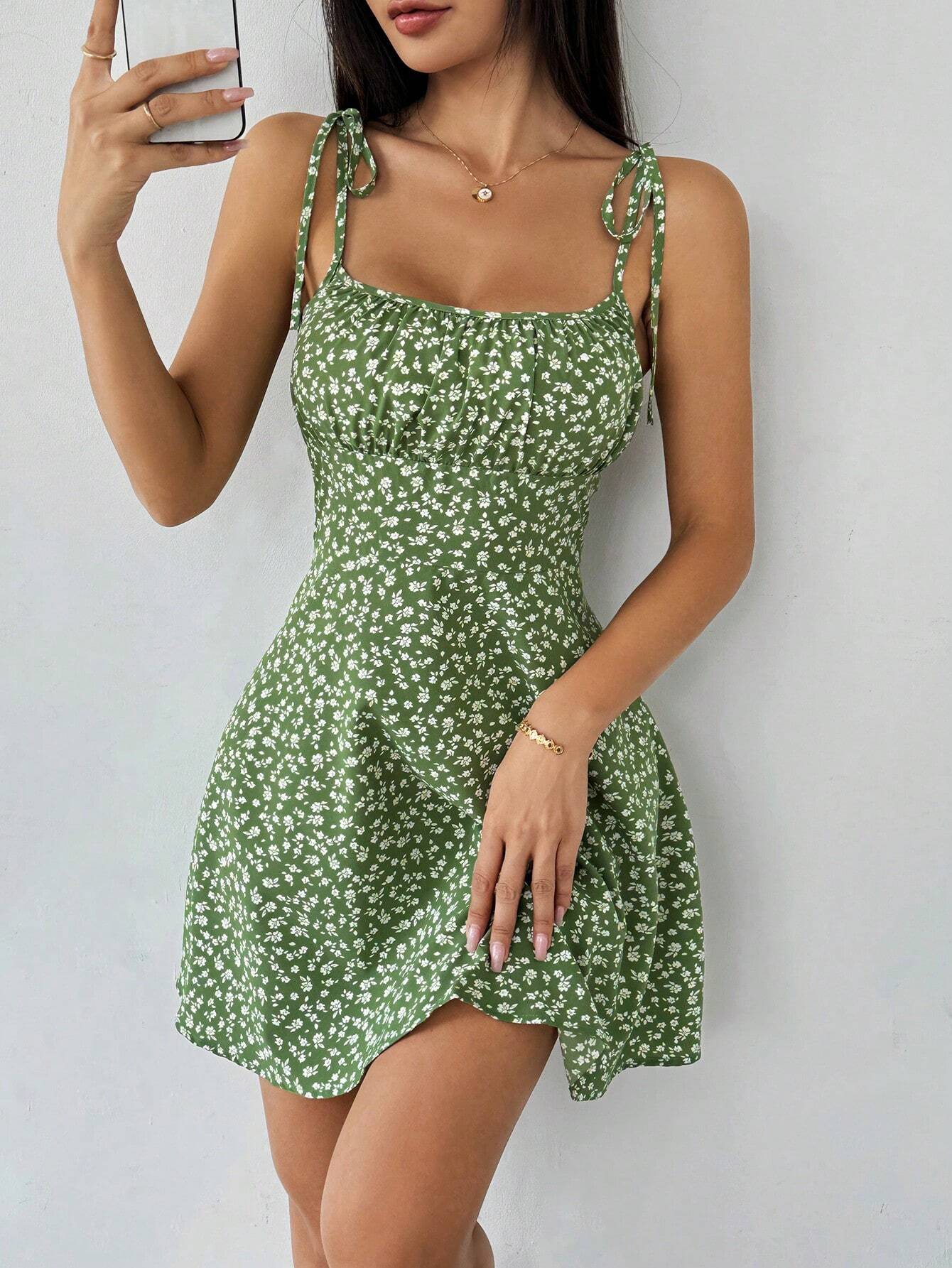 Breezaya Women's Spaghetti Strap Tie-Up Ditsy Floral Mini Dress - image 7