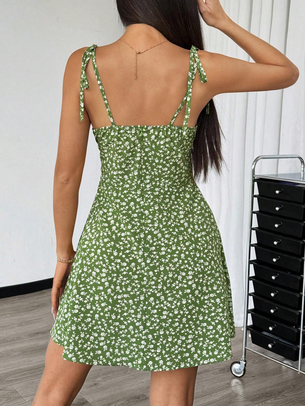 Breezaya Women's Spaghetti Strap Tie-Up Ditsy Floral Mini Dress - image 8