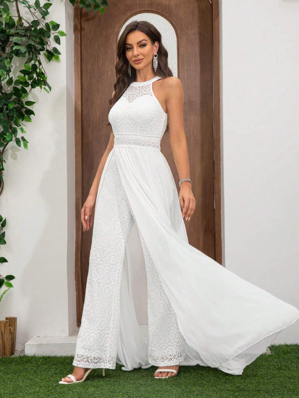 Women's Lace Spaghetti Strap Elegant Jumpsuit, High Waist Wide Leg Chiffon Flowy Pants, Suitable For Wedding - image 5