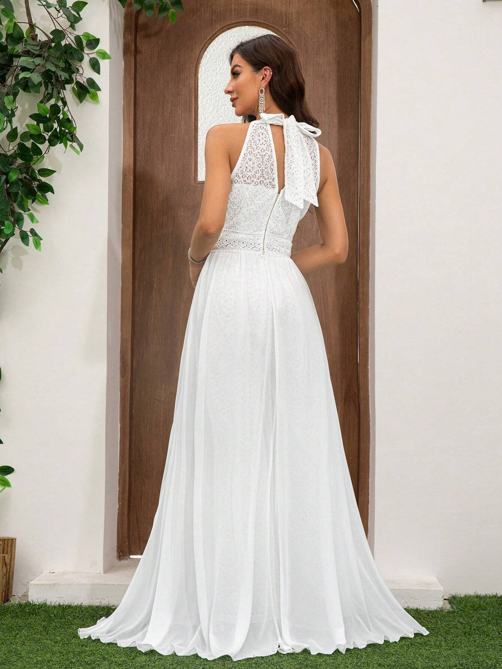 Women's Lace Spaghetti Strap Elegant Jumpsuit, High Waist Wide Leg Chiffon Flowy Pants, Suitable For Wedding - image 3