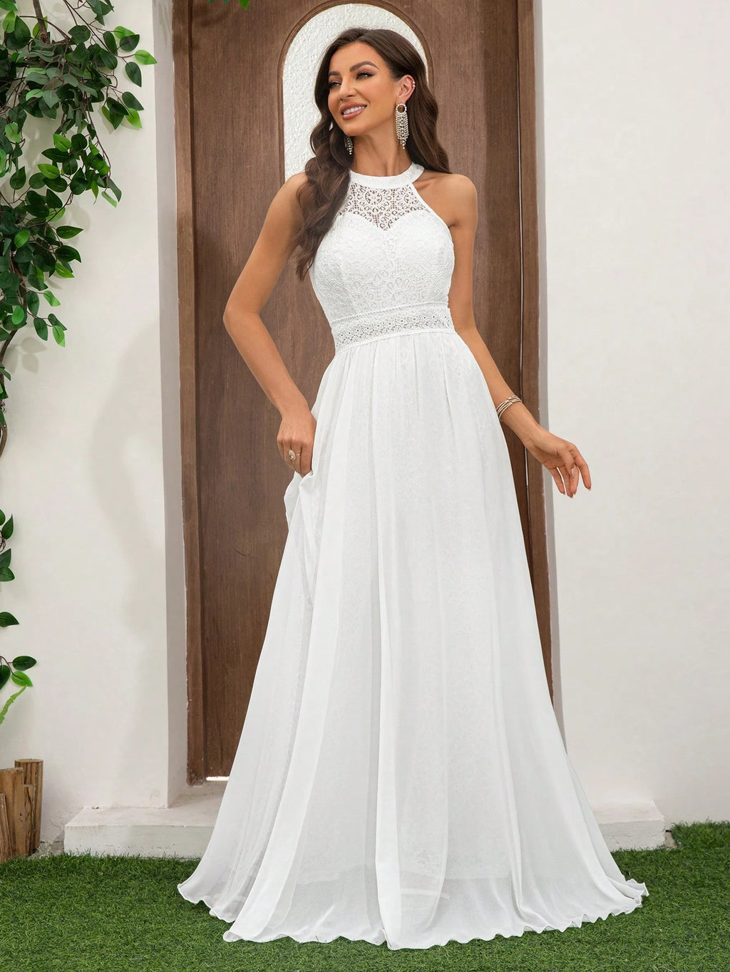 Women's Lace Spaghetti Strap Elegant Jumpsuit, High Waist Wide Leg Chiffon Flowy Pants, Suitable For Wedding - image 4