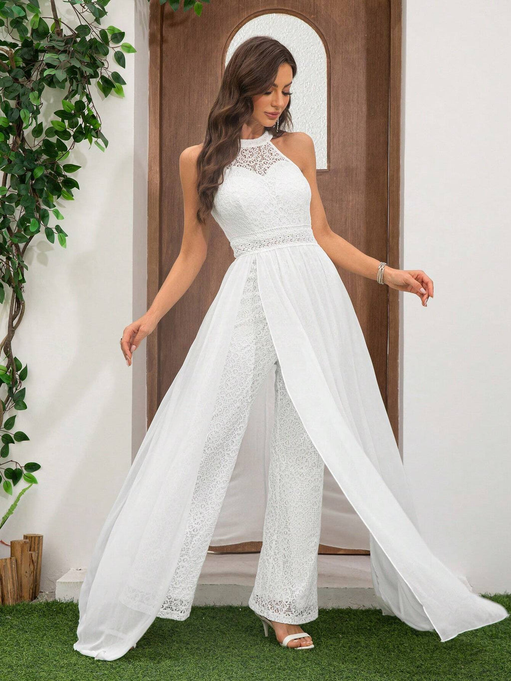 Women's Lace Spaghetti Strap Elegant Jumpsuit, High Waist Wide Leg Chiffon Flowy Pants, Suitable For Wedding