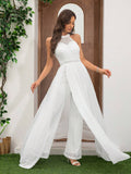 Women's Lace Spaghetti Strap Elegant Jumpsuit, High Waist Wide Leg Chiffon Flowy Pants, Suitable For Wedding