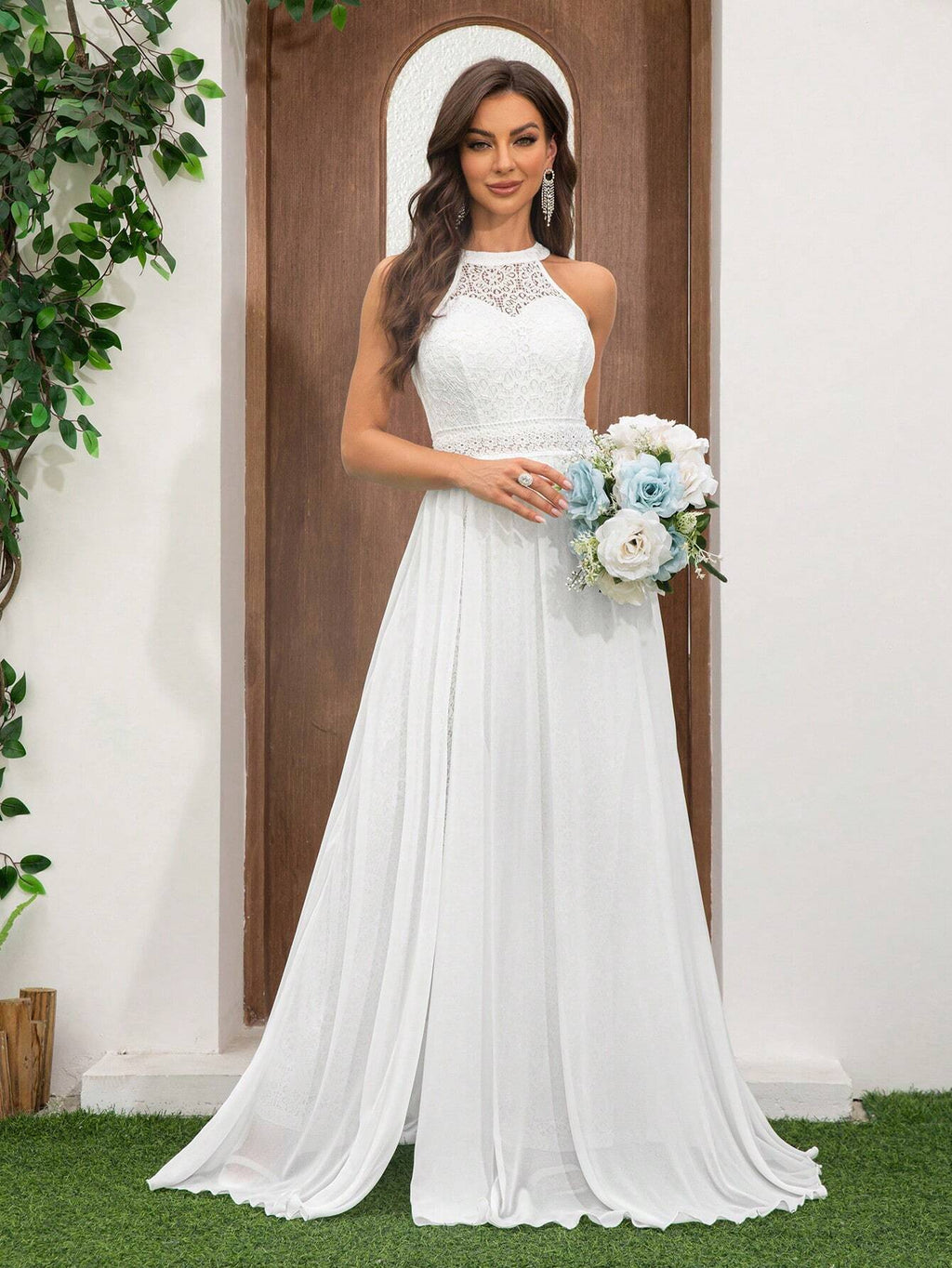 Women's Lace Spaghetti Strap Elegant Jumpsuit, High Waist Wide Leg Chiffon Flowy Pants, Suitable For Wedding - image 6