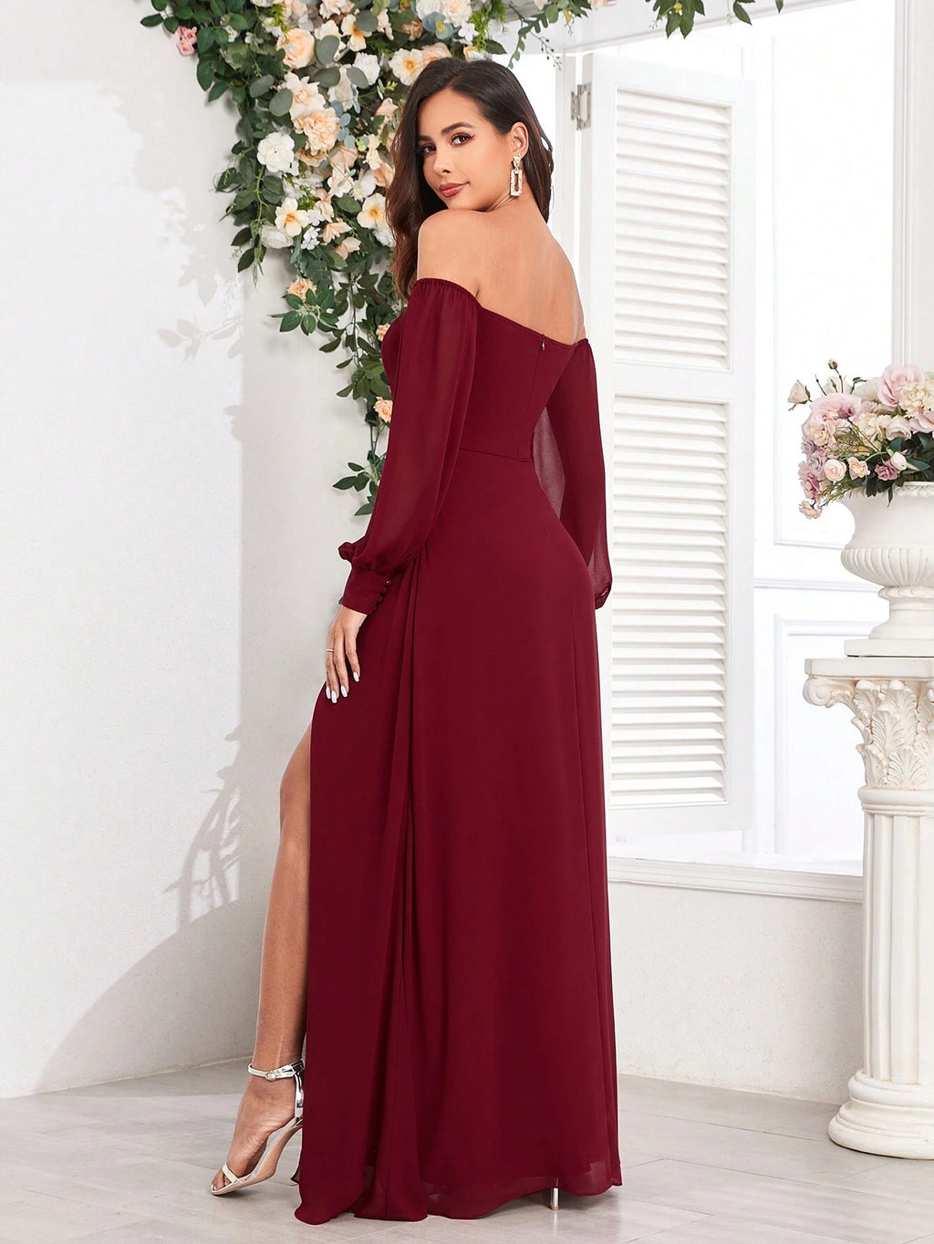Women's Elegant Off-Shoulder High Slit A-Line Chiffon Bridesmaid Dress, Burgundy Party Gown, Graduation Prom
