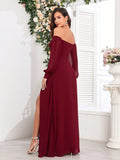 Women's Elegant Off-Shoulder High Slit A-Line Chiffon Bridesmaid Dress, Burgundy Party Gown, Graduation Prom