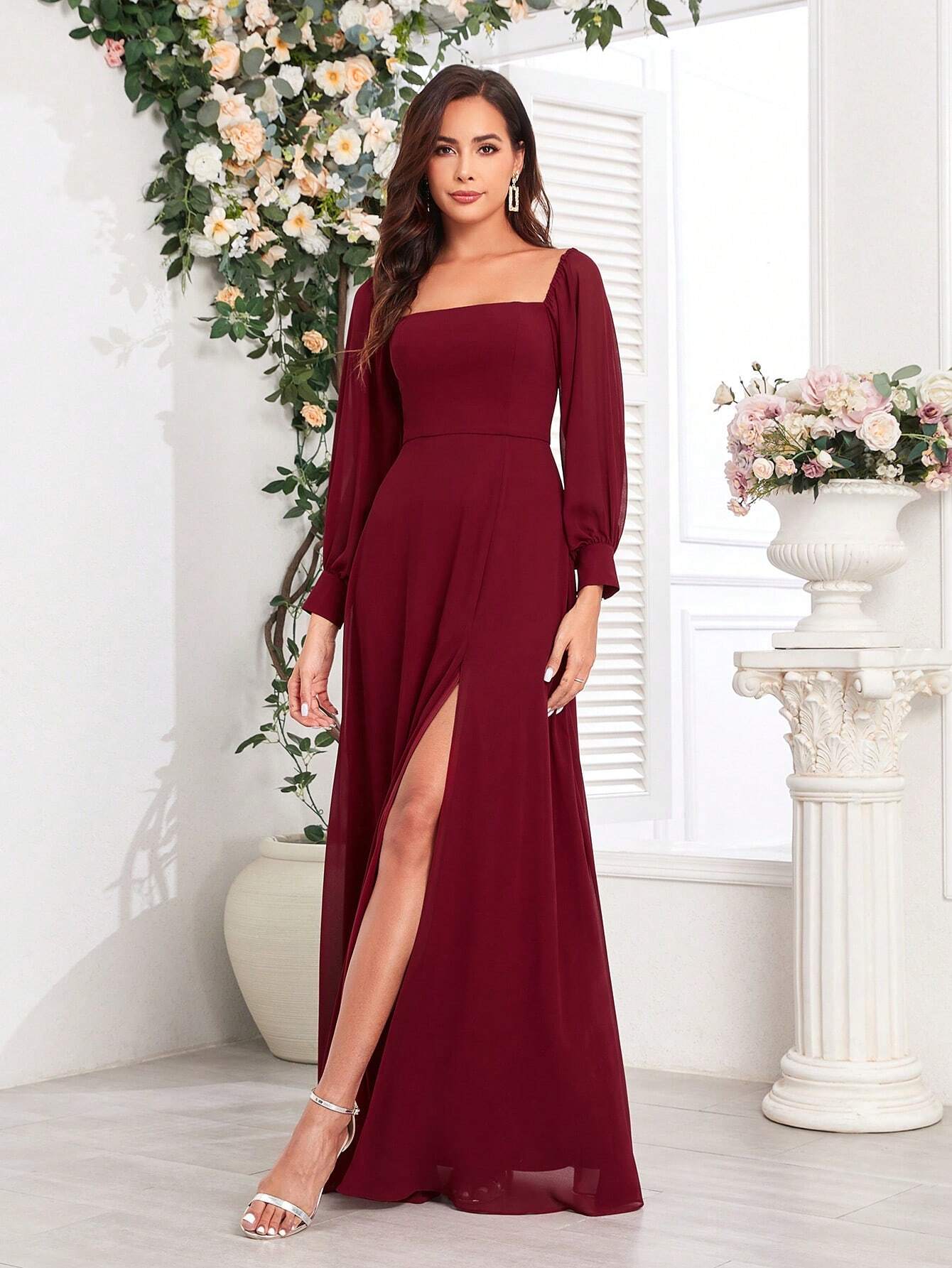 Women's Elegant Off-Shoulder High Slit A-Line Chiffon Bridesmaid Dress, Burgundy Party Gown, Graduation Prom - image 5