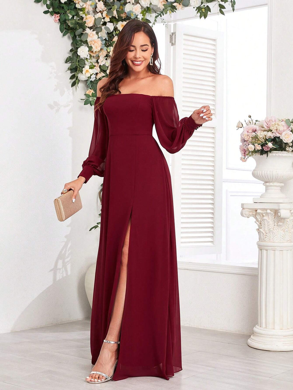 Women's Elegant Off-Shoulder High Slit A-Line Chiffon Bridesmaid Dress, Burgundy Party Gown, Graduation Prom - image 6