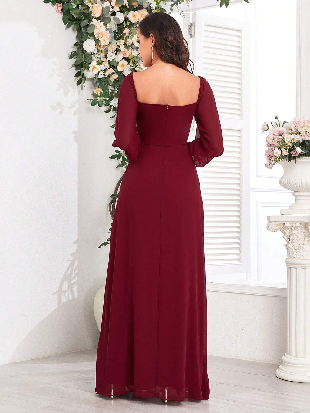 Women's Elegant Off-Shoulder High Slit A-Line Chiffon Bridesmaid Dress, Burgundy Party Gown, Graduation Prom - image 7