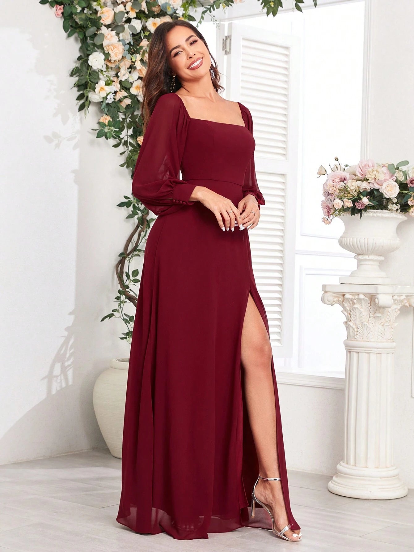 Women's Elegant Off-Shoulder High Slit A-Line Chiffon Bridesmaid Dress, Burgundy Party Gown, Graduation Prom - image 8