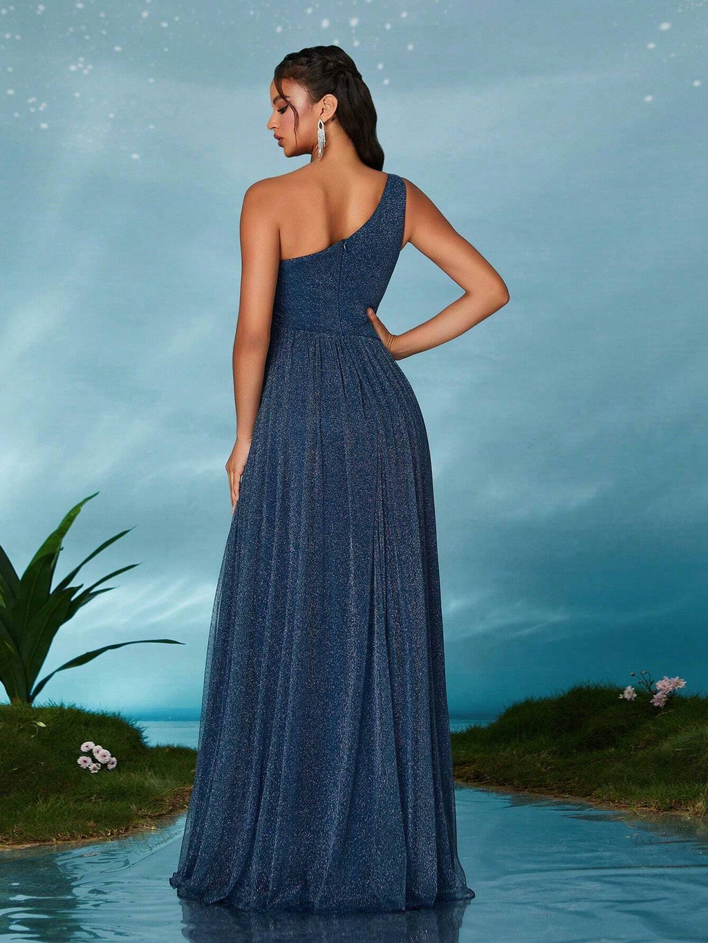 Summer Elegant Brown Glitter Mesh Asymmetrical One-Shoulder Ruched Maxi Evening Gown, High Slit Flowy - image 12