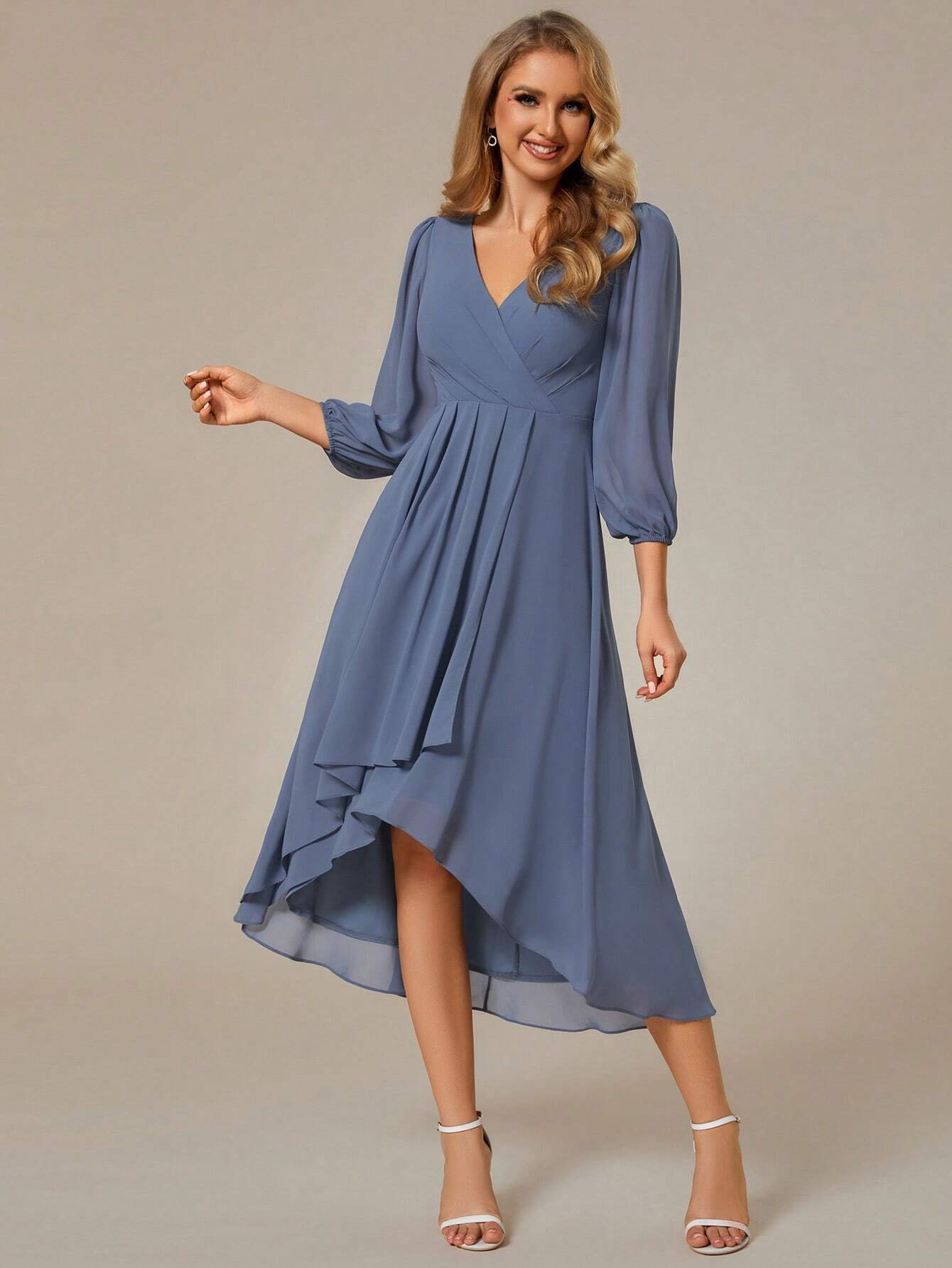 EVERPRETTY Elegant Lantern Sleeve Pleated Chiffon Bridesmaid Dress,