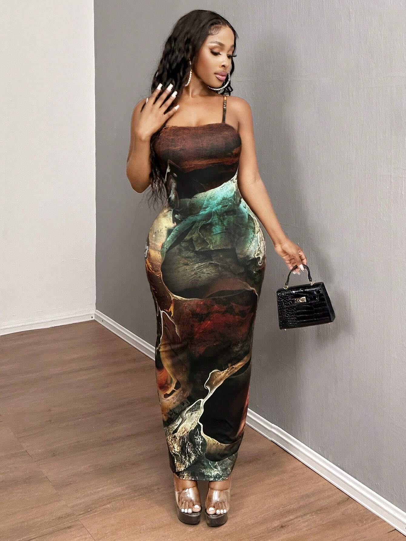 SXY Elegant Sexy Fitted Maxi Marble Print Cami Dress Homecoming