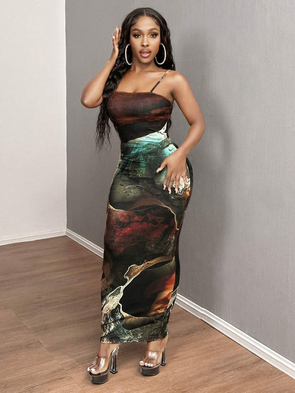 SXY Elegant Sexy Fitted Maxi Marble Print Cami Dress Homecoming