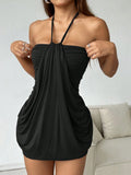 EZwear Women's Draped Pleated Bodycon Halter Dress
