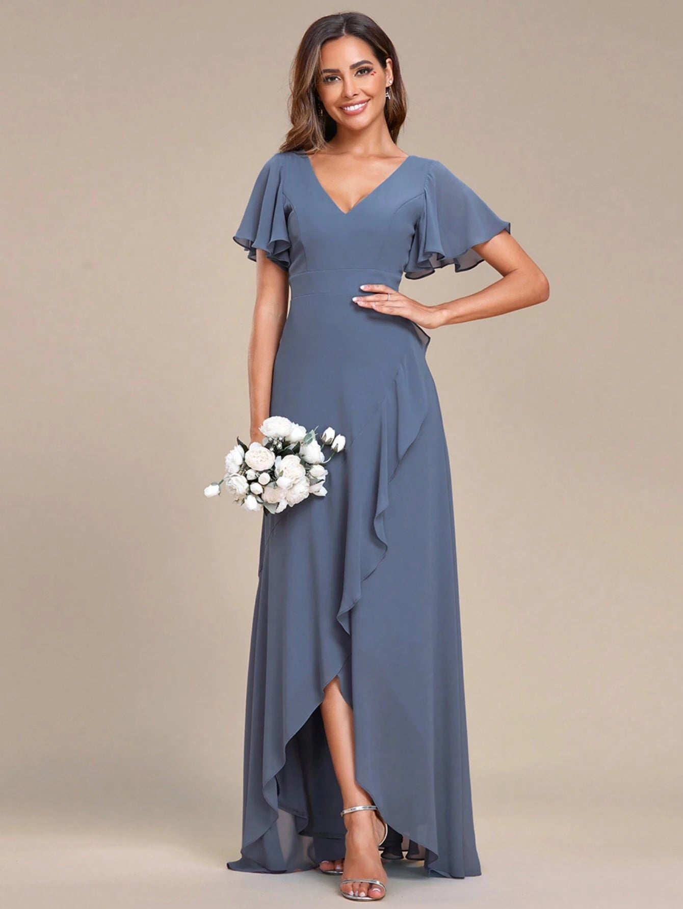 Butterfly Sleeve Ruffle Trim Wrap Hem Chiffon Bridesmaid Dress Elegant Dress - image 12
