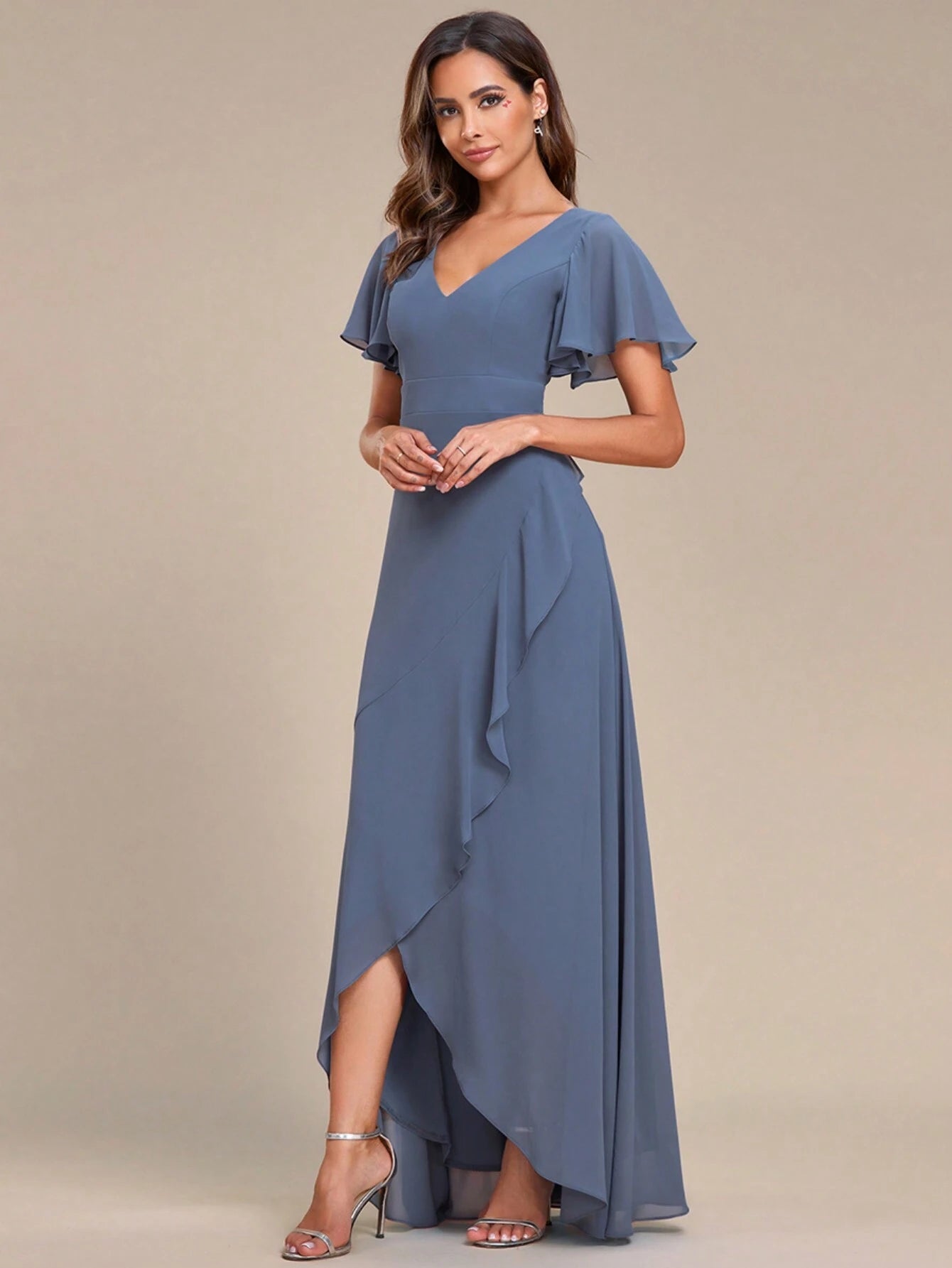 Butterfly Sleeve Ruffle Trim Wrap Hem Chiffon Bridesmaid Dress Elegant Dress - image 14