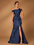 Serin Elegant Navy Blue Spring Evening Gown,Luxurious One Shoulder Jacquard Satin Pleated 3D Floral Slit