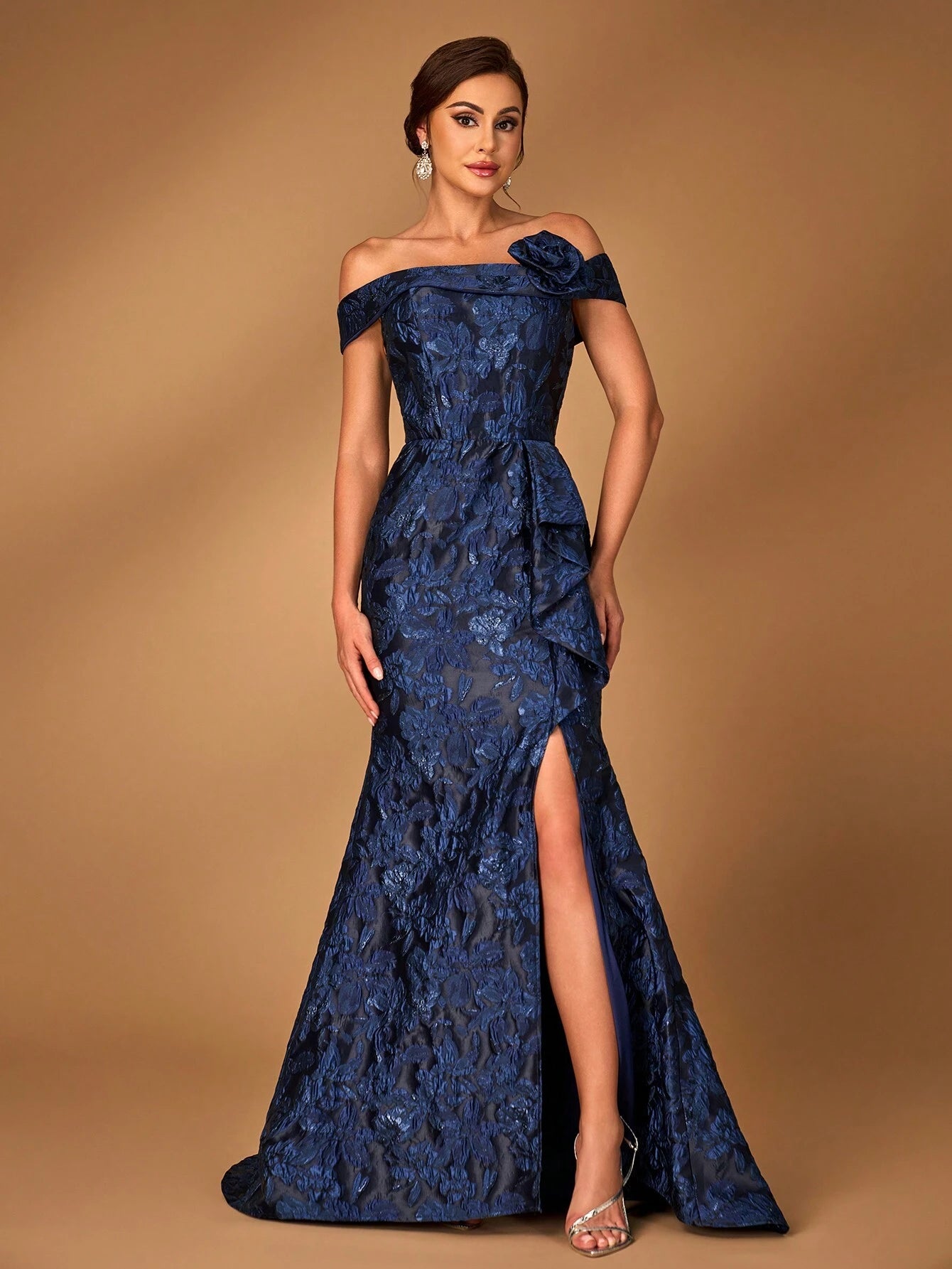 Serin Elegant Navy Blue Spring Evening Gown,Luxurious One Shoulder Jacquard Satin Pleated 3D Floral Slit