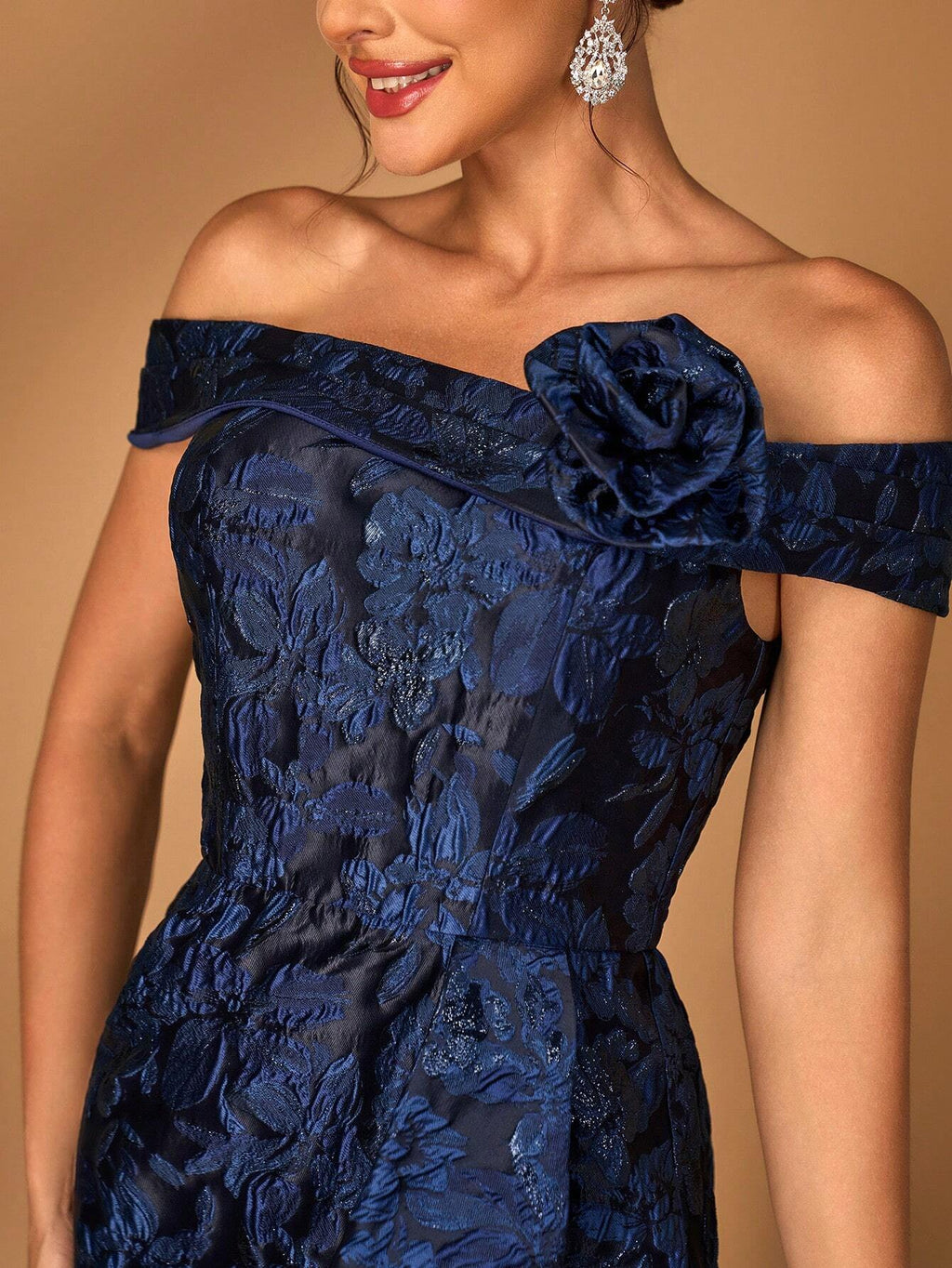 Serin Elegant Navy Blue Spring Evening Gown,Luxurious One Shoulder Jacquard Satin Pleated 3D Floral Slit - image 3
