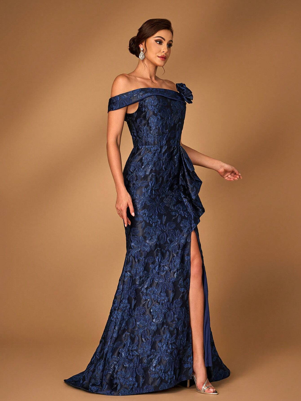 Serin Elegant Navy Blue Spring Evening Gown,Luxurious One Shoulder Jacquard Satin Pleated 3D Floral Slit - image 5