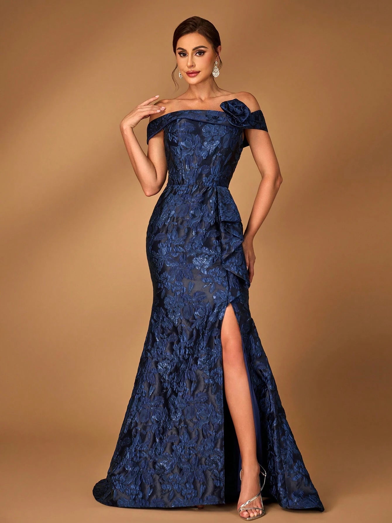 Serin Elegant Navy Blue Spring Evening Gown,Luxurious One Shoulder Jacquard Satin Pleated 3D Floral Slit - image 6