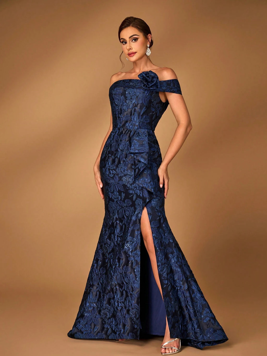 Serin Elegant Navy Blue Spring Evening Gown,Luxurious One Shoulder Jacquard Satin Pleated 3D Floral Slit - image 7