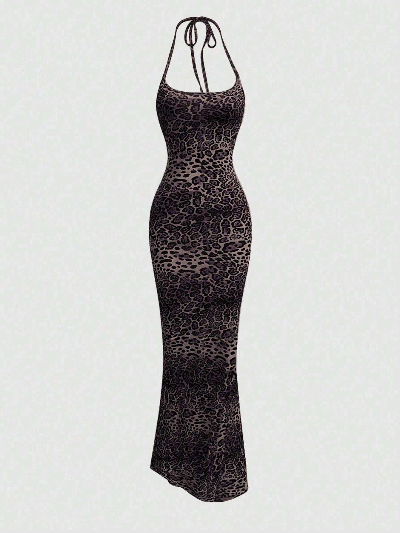 Sweetra Women's Leopard Print Mermaid Hem Fitted Elegant Halter Neck Dress Maxi Women Outfit - image 4