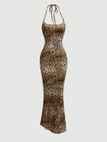 Sweetra Women's Leopard Print Mermaid Hem Fitted Elegant Halter Neck