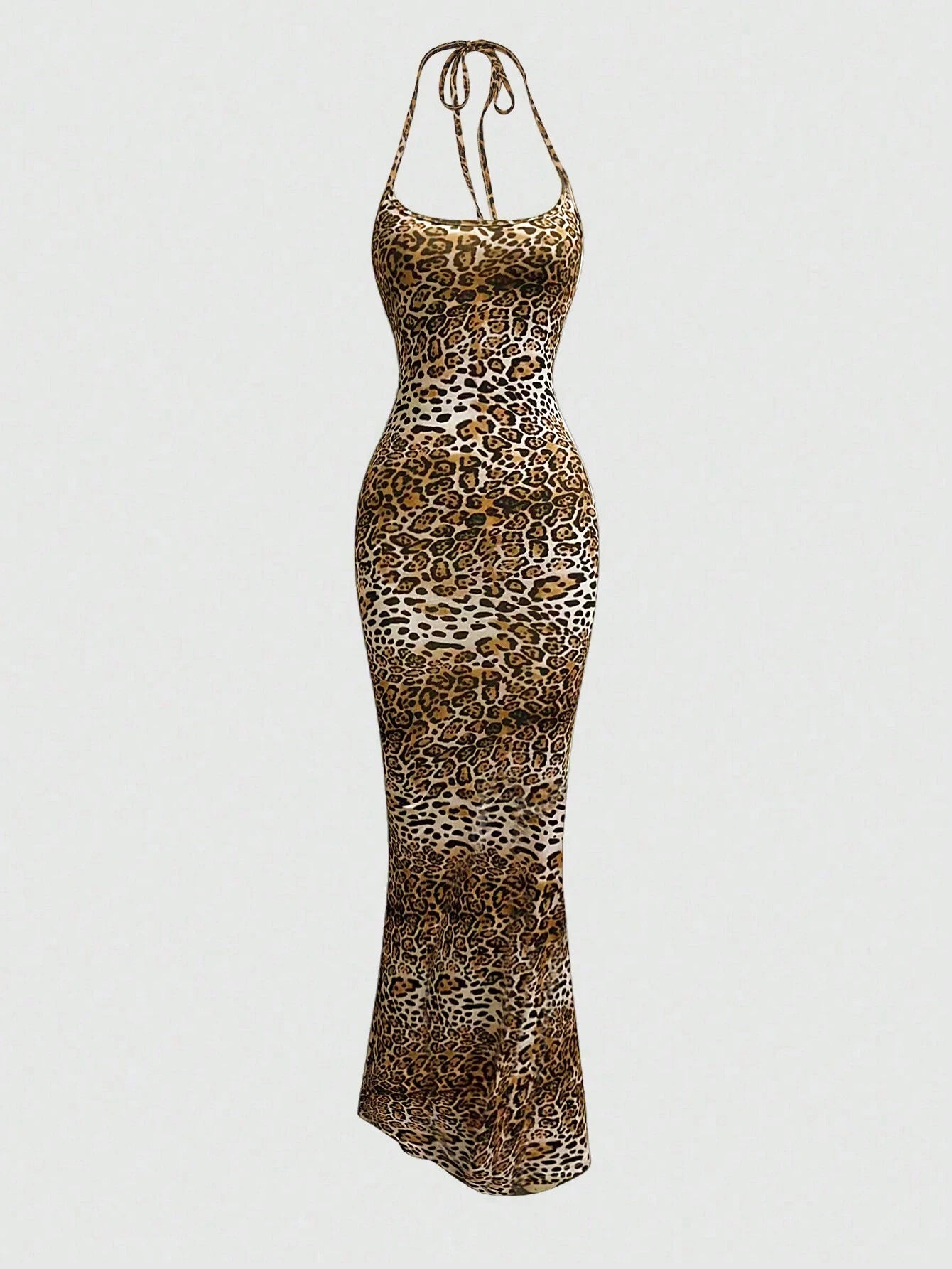 Sweetra Women's Leopard Print Mermaid Hem Fitted Elegant Halter Neck Dress Maxi Women Outfit