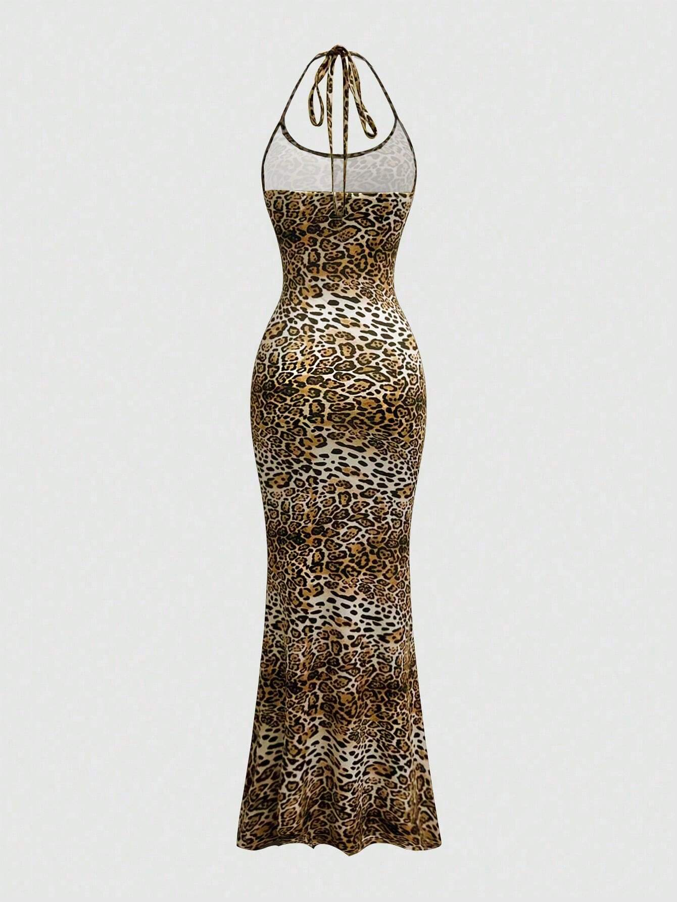 Sweetra Women's Leopard Print Mermaid Hem Fitted Elegant Halter Neck
