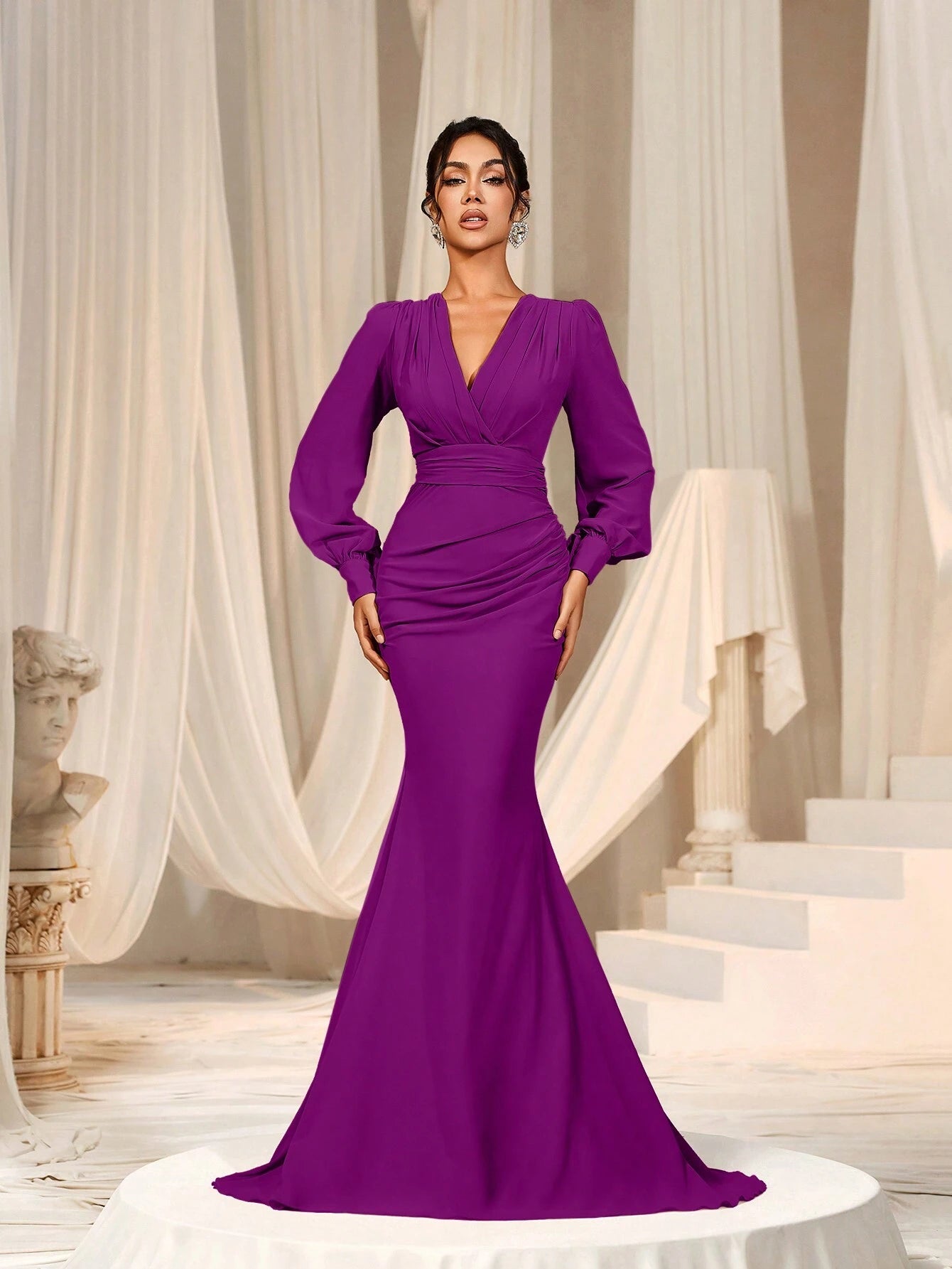 Faeriesty Elegant Chiffon Long Bridesmaid Dress, V-Neck Puff Sleeve Design With Ruffle & Satin Ribbon - image 10