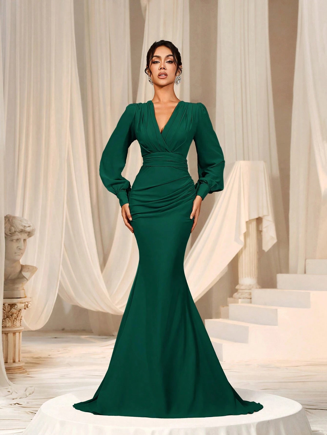 Faeriesty Elegant Chiffon Long Bridesmaid Dress, V-Neck Puff Sleeve Design With Ruffle & Satin Ribbon - image 13