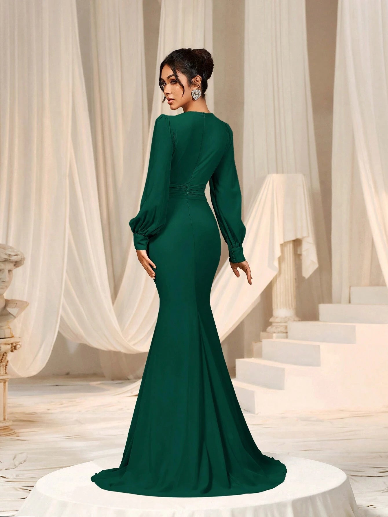 Faeriesty Elegant Chiffon Long Bridesmaid Dress, V-Neck Puff Sleeve Design With Ruffle & Satin Ribbon - image 14