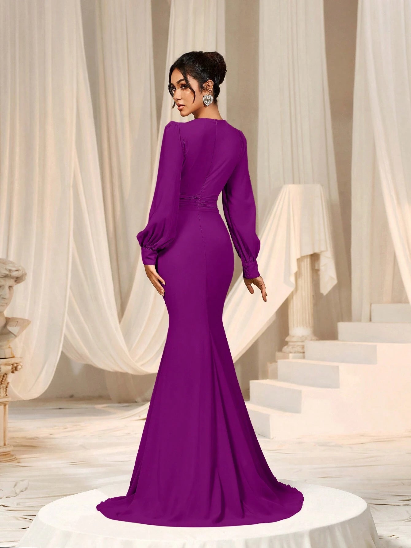 Faeriesty Elegant Chiffon Long Bridesmaid Dress, V-Neck Puff Sleeve Design With Ruffle & Satin Ribbon - image 8