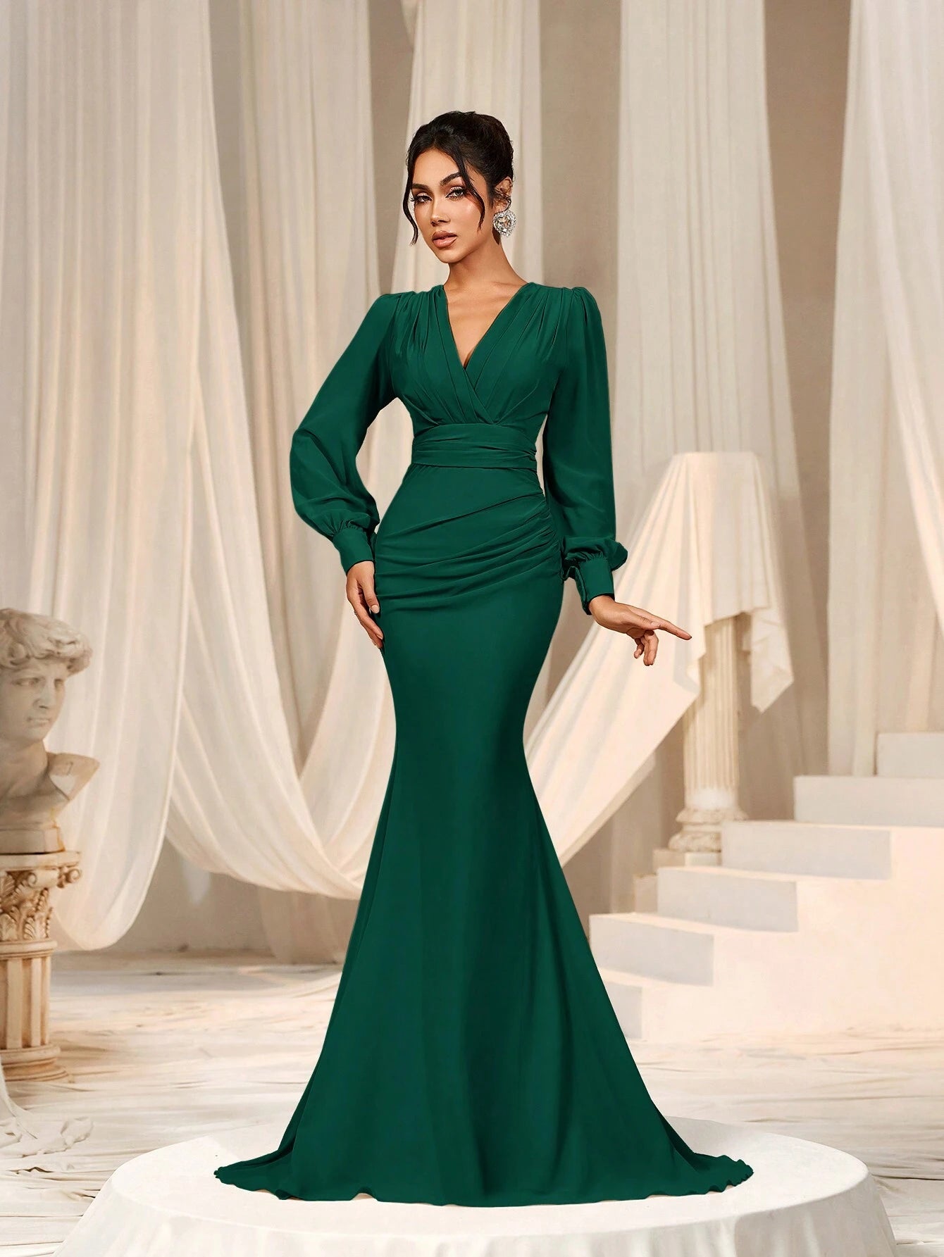 Faeriesty Elegant Chiffon Long Bridesmaid Dress, V-Neck Puff Sleeve Design With Ruffle & Satin Ribbon - image 16