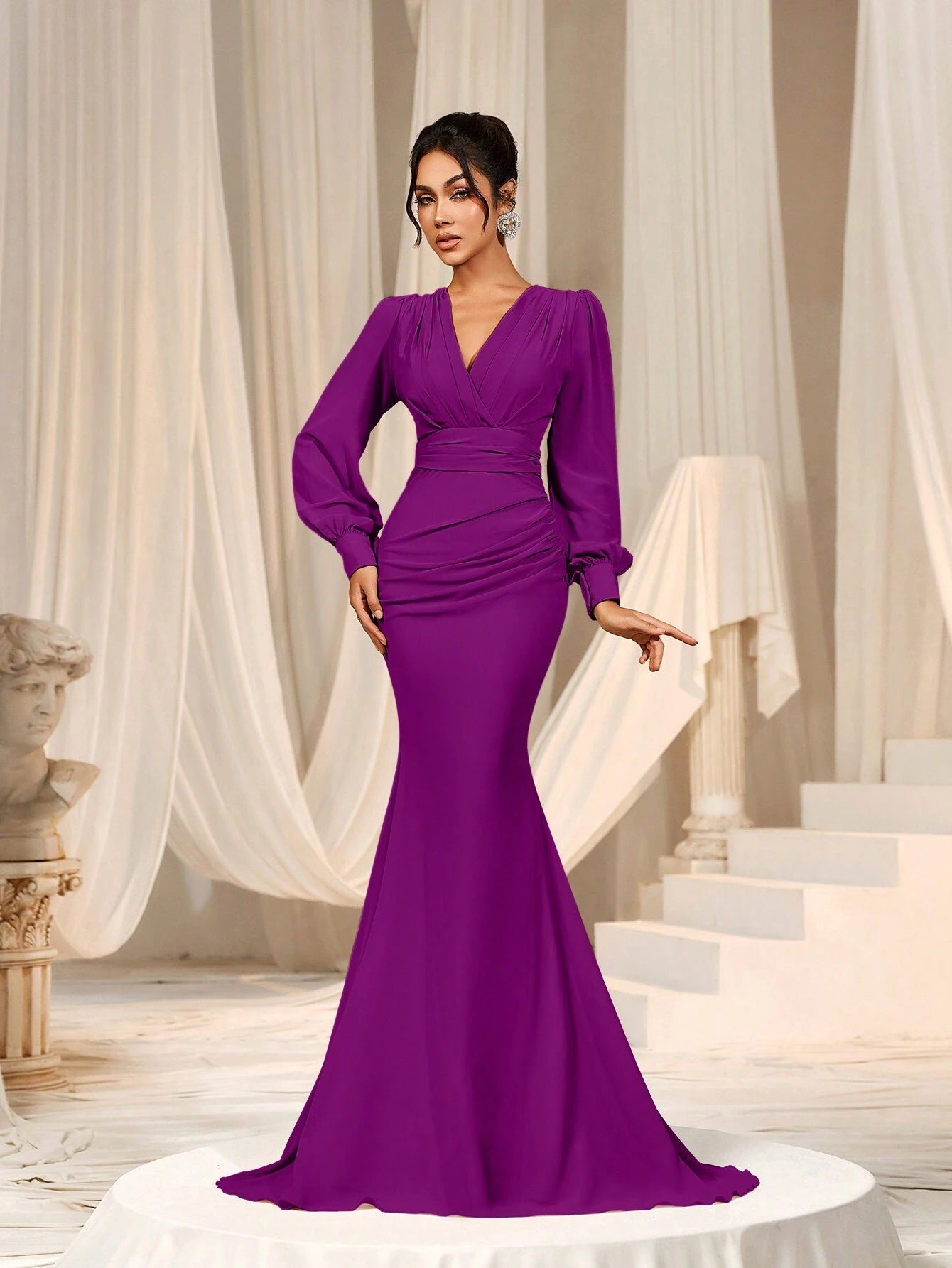 Faeriesty Elegant Chiffon Long Bridesmaid Dress, V-Neck Puff Sleeve Design With Ruffle & Satin Ribbon - image 7