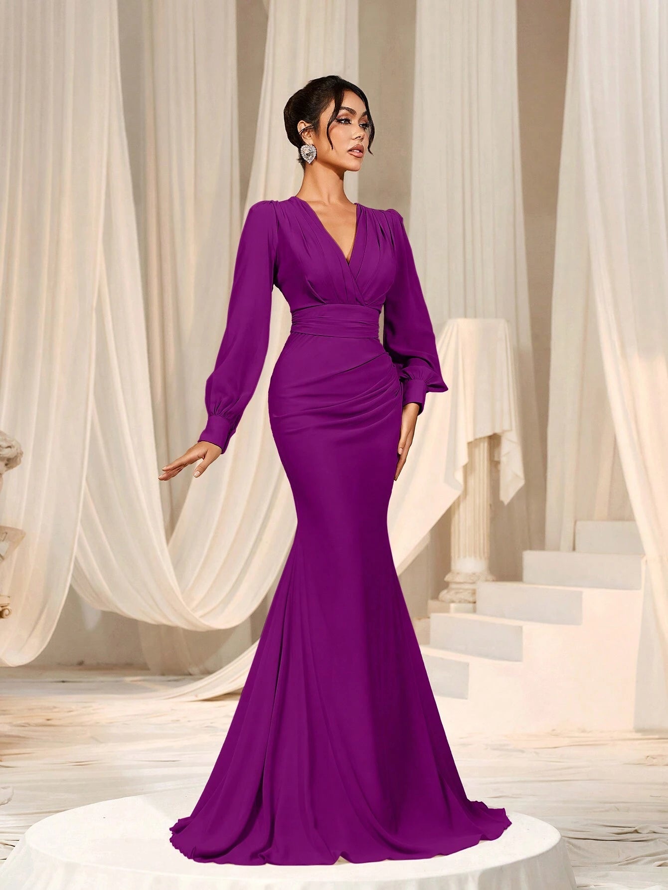 Faeriesty Elegant Chiffon Long Bridesmaid Dress, V-Neck Puff Sleeve Design With Ruffle & Satin Ribbon - image 12