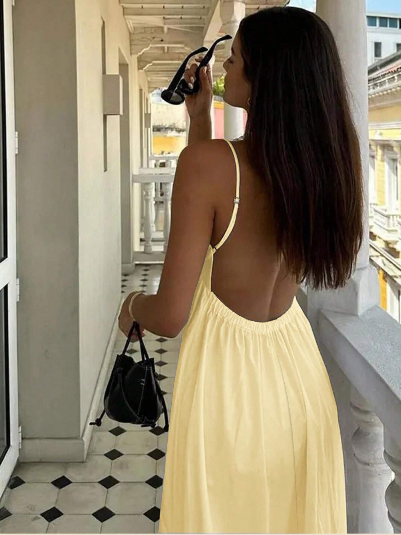 Cévolie Women's Simple Solid Color Ruched Backless Camisole Dress,