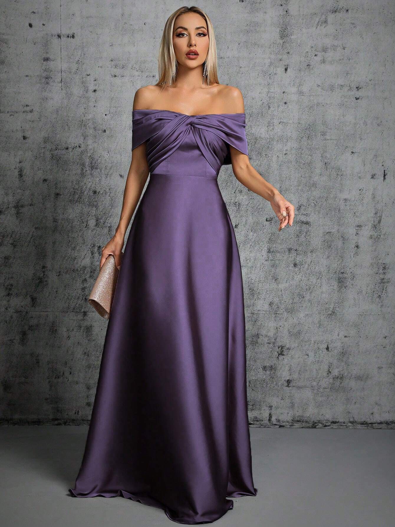 Summer Emerald Green Off-Shoulder Twisted Ruched Satin Maxi Dress,
