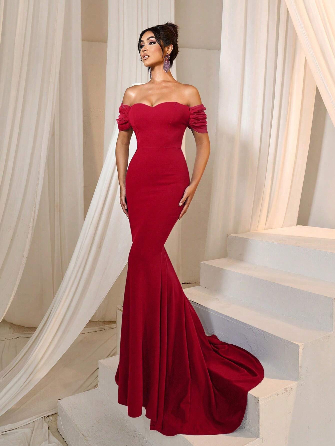 Faeriesty Elegant Off-Shoulder Long Wedding Dress With Ruffle Short Sleeves, Made Of Slightly Stretchy Knit - image 12