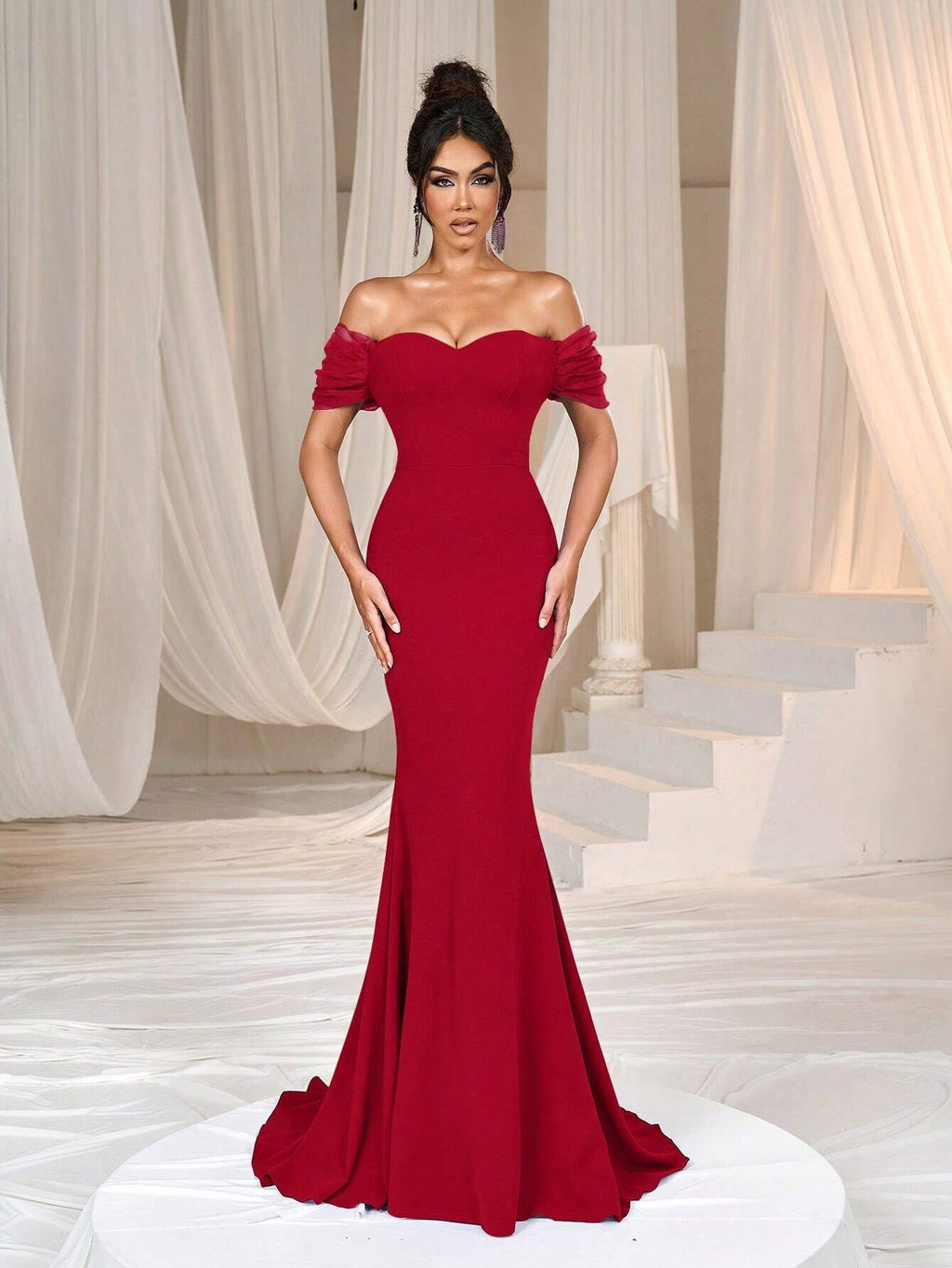 Faeriesty Elegant Off-Shoulder Long Wedding Dress With Ruffle Short Sleeves, Made Of Slightly Stretchy Knit - image 11