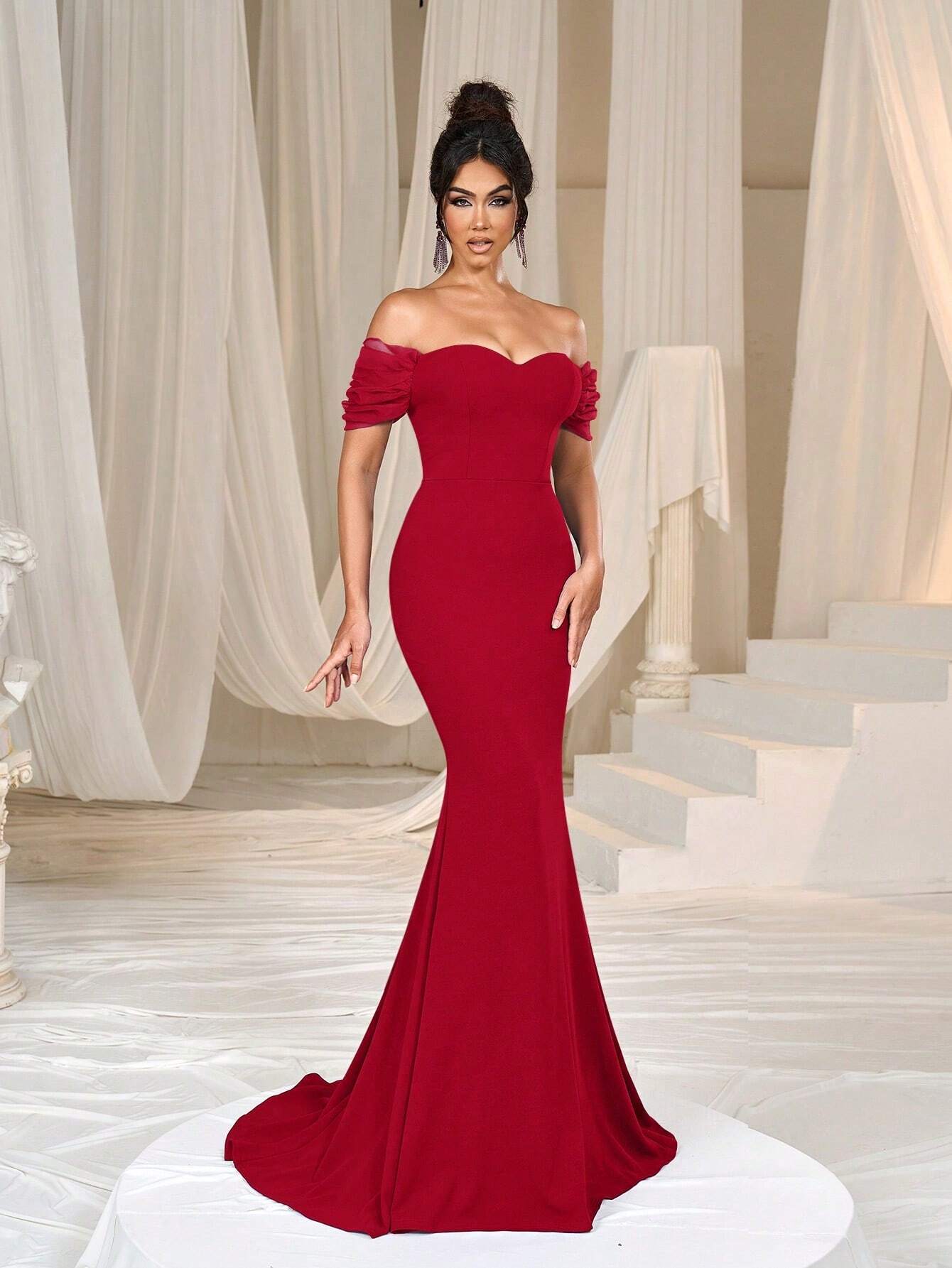 Faeriesty Elegant Off-Shoulder Long Wedding Dress With Ruffle Short Sleeves, Made Of Slightly Stretchy Knit - image 9