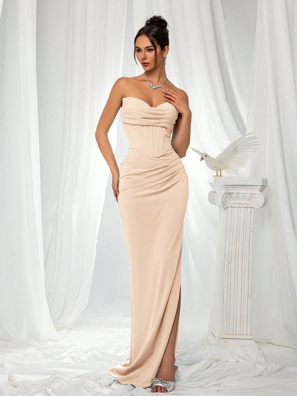 VIPGIRL Elegant Bridesmaid Dress: Strapless Fitted Satin Dress, Paired With Waist-Cinching Top And Draped - image 13