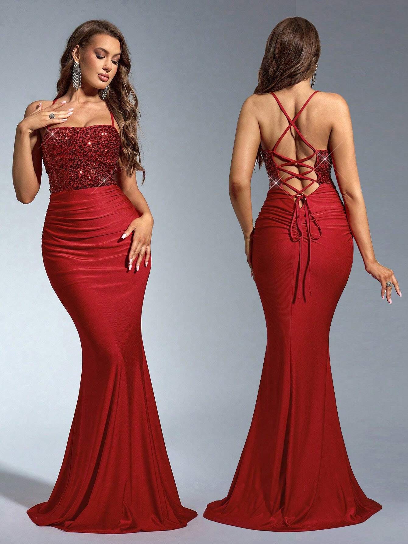 Belle Elegant,Grey,Summer,Dining Royal Blue Sequined Backless Satin