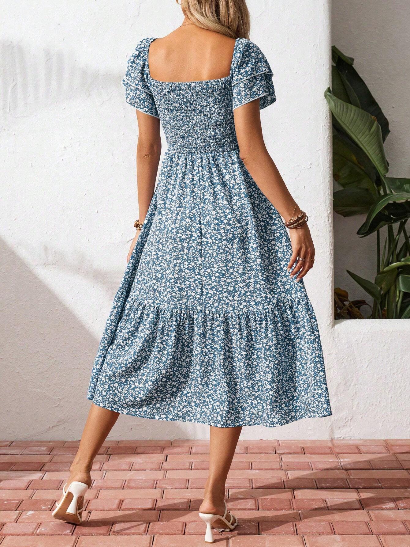 Breezaya Square Neck Ditsy Floral Casual Summer Short Sleeve Dress