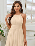 Belle Elegant Light Yellow Summer Chiffon Dress,Boat Neck High Waist Pleated Bridesmaid Dress For