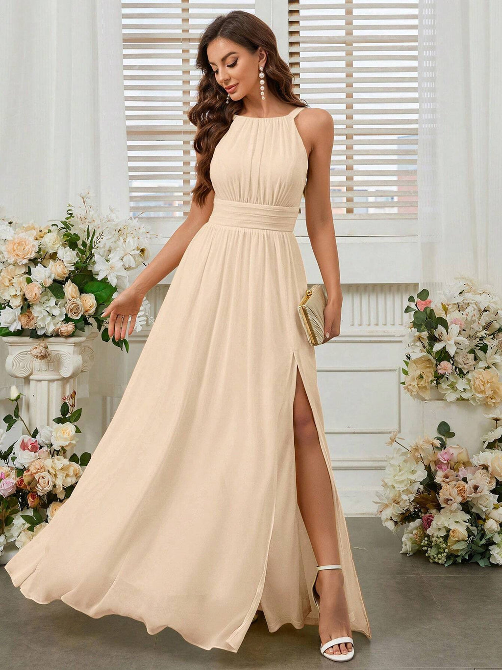 Belle Elegant Light Yellow Summer Chiffon Dress,Boat Neck High Waist Pleated Bridesmaid Dress For - image 2