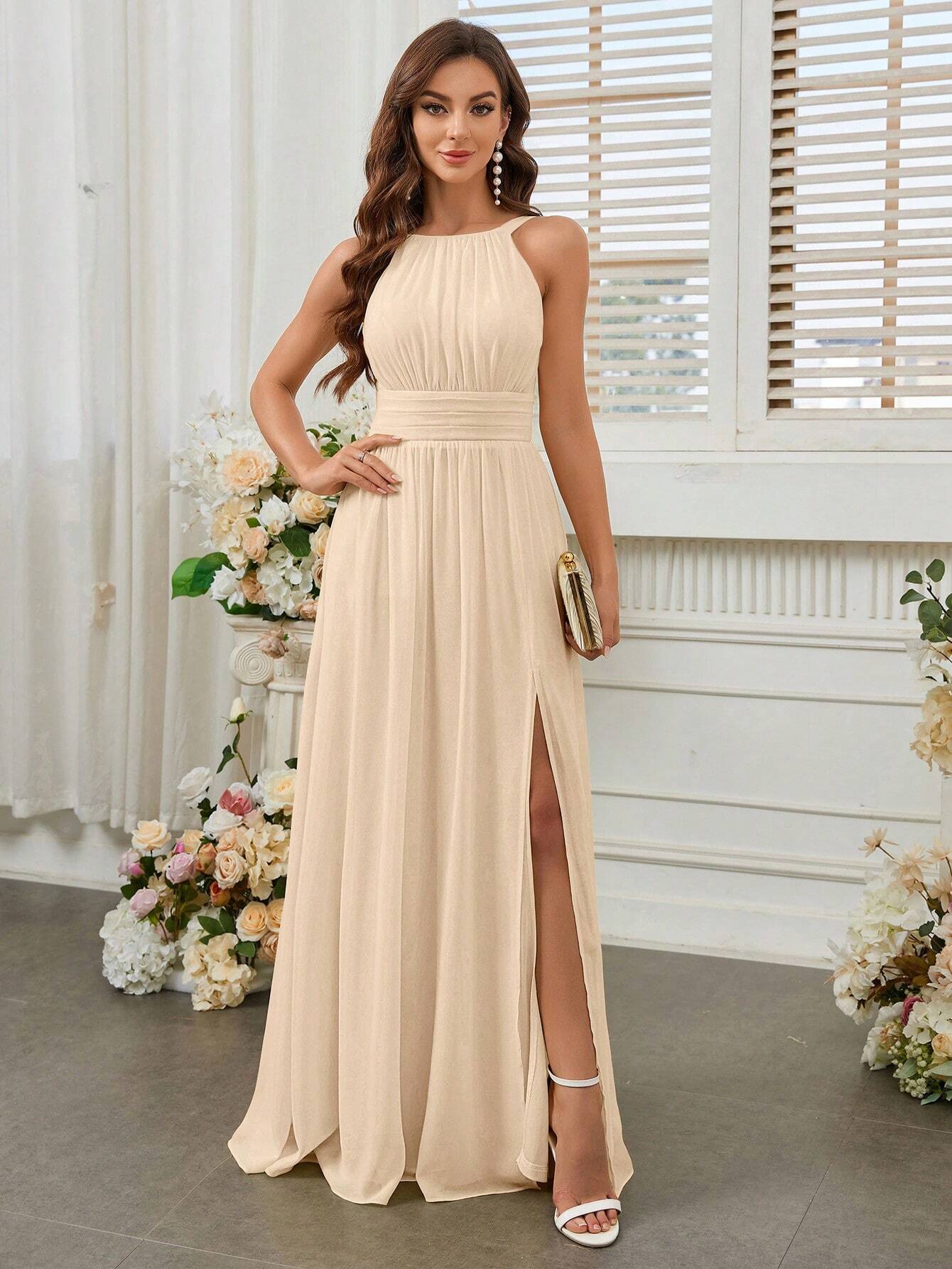 Belle Elegant Light Yellow Summer Chiffon Dress,Boat Neck High Waist Pleated Bridesmaid Dress For - image 4